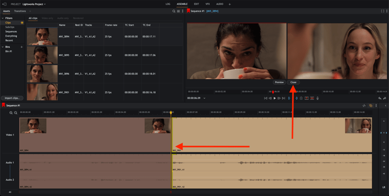 Trim Incoming: вход в режим подрезки входящего клипа (жёлтые скобки и направление изменения)